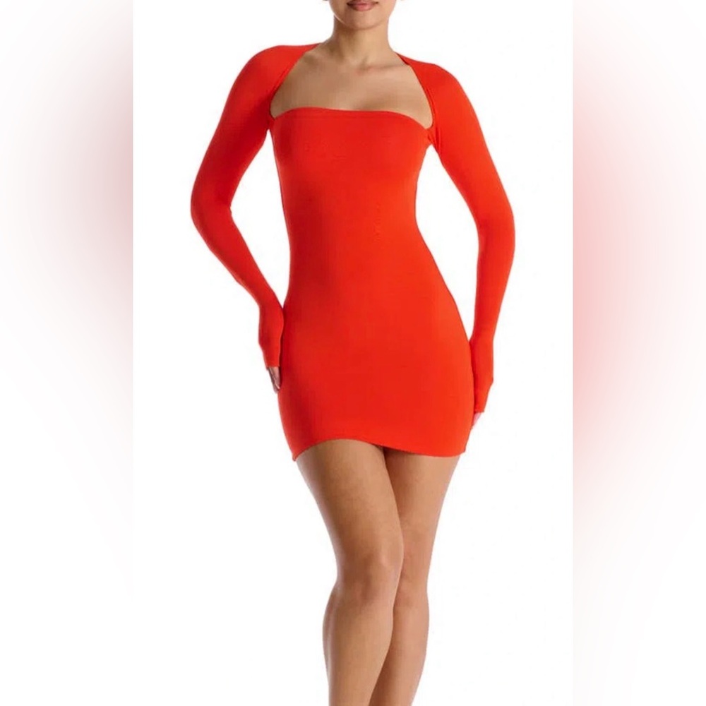 Naked Wardrobe Square Neck Long Sleeve Body-con Minidress Poppy Hot Coral XL
